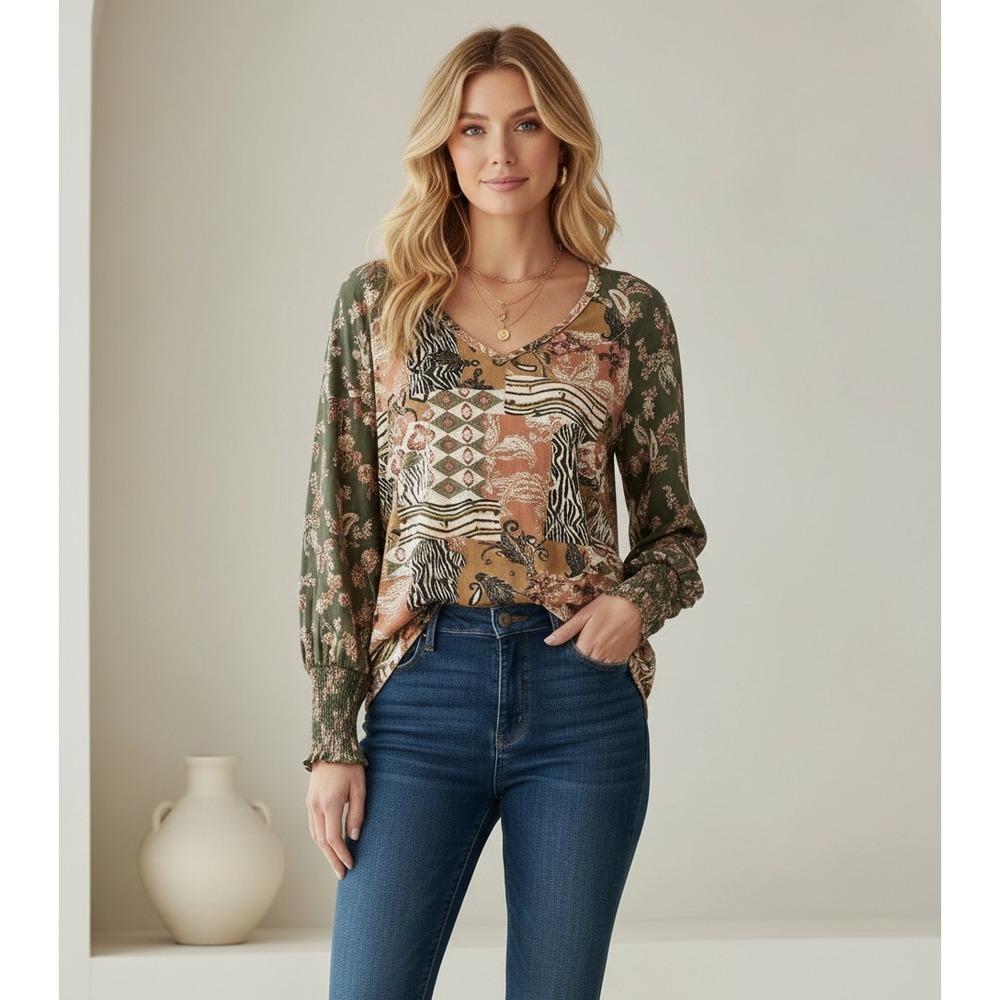 Cato M Top Womens Green Pink Patchwork Knit‎ V Neck Boho Cottage Earthy Hippie